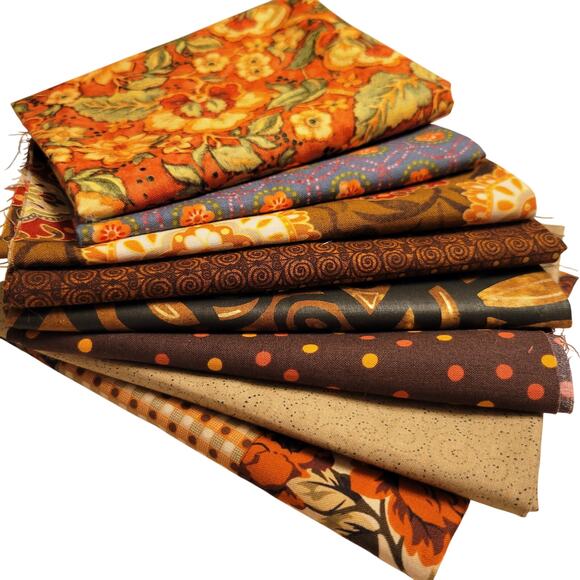 Cotton Fabric Lot 8 Pcs Fall Brown Prints Floral Geo Dot 18x44–10x21" Orange - Picture 2 of 10